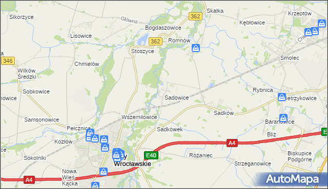 mapa Sadowice gmina Kąty Wrocławskie, Sadowice gmina Kąty Wrocławskie na mapie Targeo
