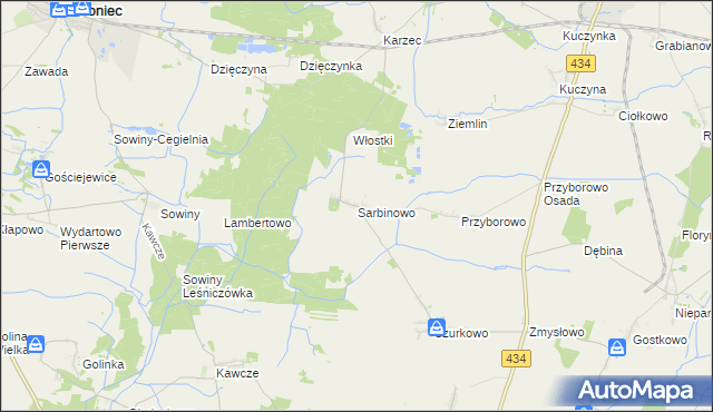mapa Sarbinowo gmina Poniec, Sarbinowo gmina Poniec na mapie Targeo