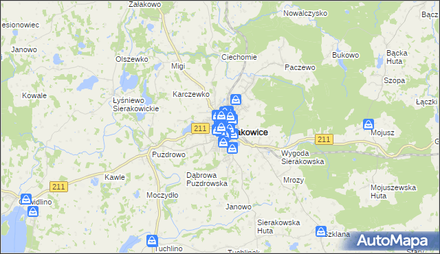 mapa Sierakowice powiat kartuski, Sierakowice powiat kartuski na mapie Targeo