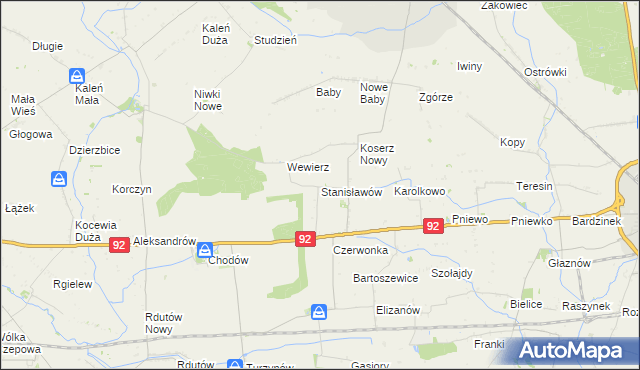 mapa Stanisławów gmina Chodów, Stanisławów gmina Chodów na mapie Targeo
