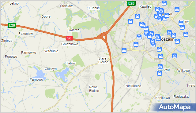 mapa Stare Bielice gmina Biesiekierz, Stare Bielice gmina Biesiekierz na mapie Targeo