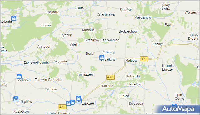 mapa Strzałków gmina Lisków, Strzałków gmina Lisków na mapie Targeo