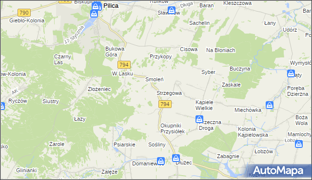 mapa Strzegowa gmina Wolbrom, Strzegowa gmina Wolbrom na mapie Targeo