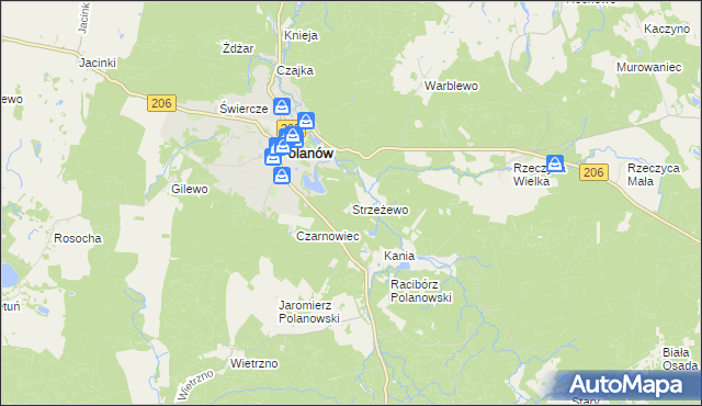 mapa Strzeżewo gmina Polanów, Strzeżewo gmina Polanów na mapie Targeo