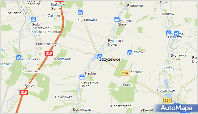 mapa Strzyżewice powiat lubelski, Strzyżewice powiat lubelski na mapie Targeo