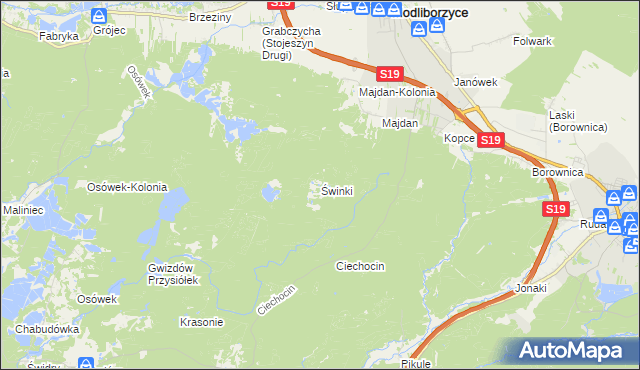mapa Świnki gmina Modliborzyce, Świnki gmina Modliborzyce na mapie Targeo