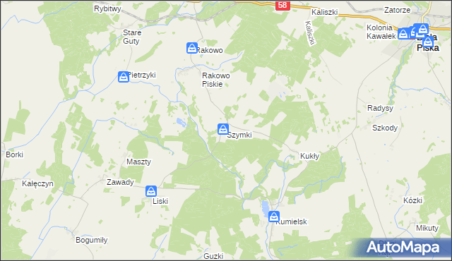 mapa Szymki gmina Biała Piska, Szymki gmina Biała Piska na mapie Targeo