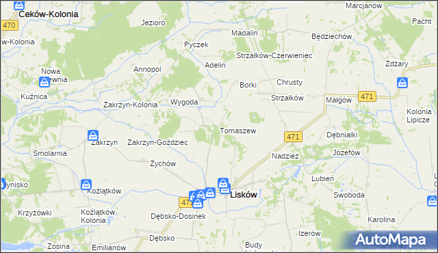 mapa Tomaszew gmina Lisków, Tomaszew gmina Lisków na mapie Targeo