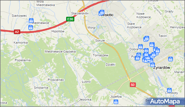 mapa Tomaszew gmina Wiskitki, Tomaszew gmina Wiskitki na mapie Targeo