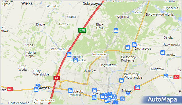mapa Tomaszów gmina Ładzice, Tomaszów gmina Ładzice na mapie Targeo