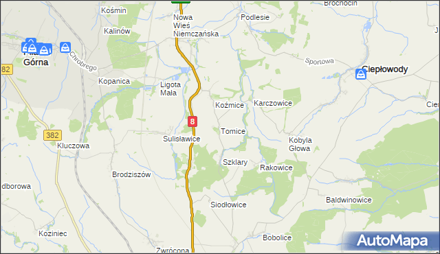mapa Tomice gmina Ciepłowody, Tomice gmina Ciepłowody na mapie Targeo
