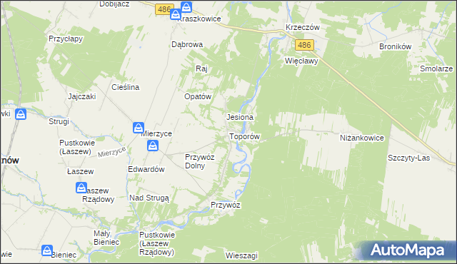mapa Toporów gmina Wierzchlas, Toporów gmina Wierzchlas na mapie Targeo