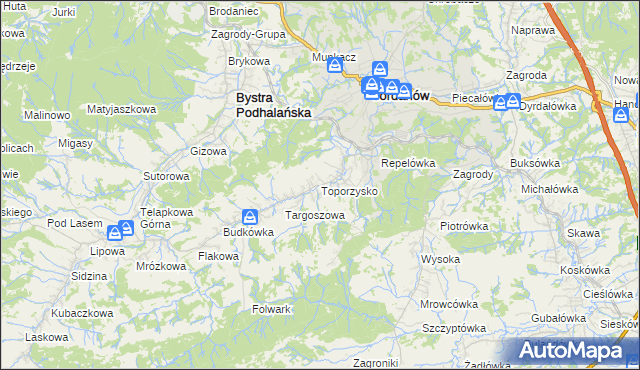 mapa Toporzysko gmina Jordanów, Toporzysko gmina Jordanów na mapie Targeo