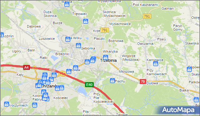 mapa Trzebinia powiat chrzanowski, Trzebinia powiat chrzanowski na mapie Targeo