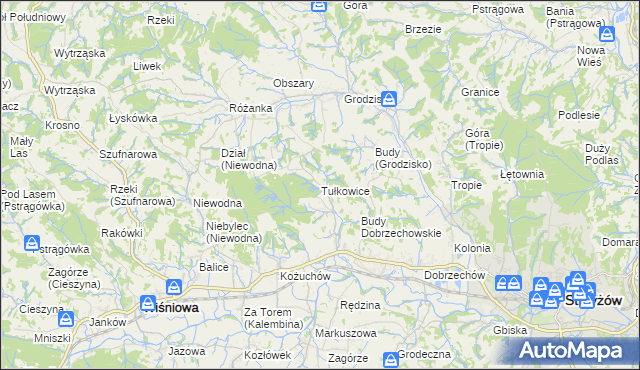 mapa Tułkowice gmina Wiśniowa, Tułkowice gmina Wiśniowa na mapie Targeo
