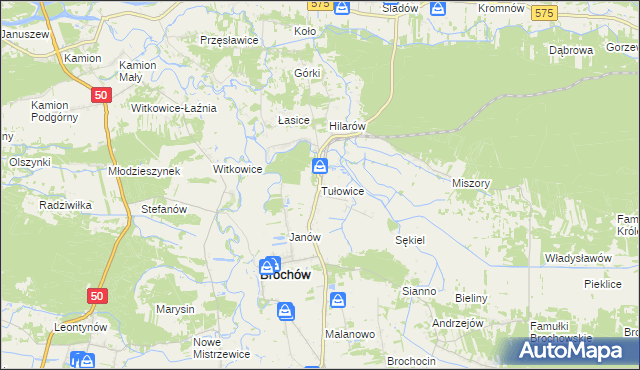 mapa Tułowice gmina Brochów, Tułowice gmina Brochów na mapie Targeo