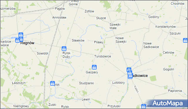 mapa Turobowice gmina Sadkowice, Turobowice gmina Sadkowice na mapie Targeo
