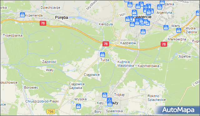 mapa Turza gmina Łazy, Turza gmina Łazy na mapie Targeo