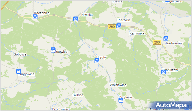 mapa Urzuty gmina Nowogród Bobrzański, Urzuty gmina Nowogród Bobrzański na mapie Targeo