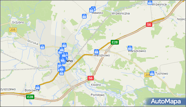 mapa Warszkowo gmina Sławno, Warszkowo gmina Sławno na mapie Targeo