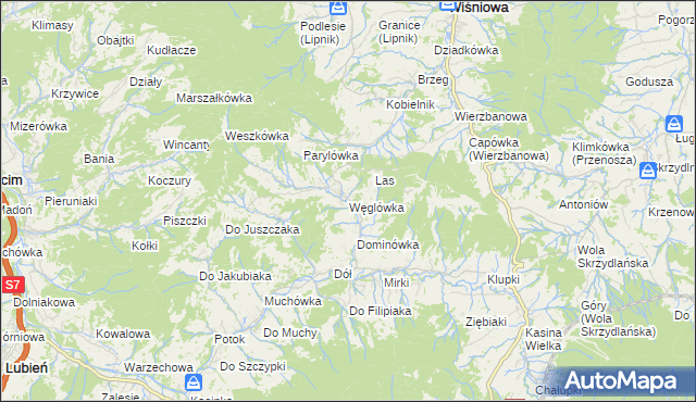 mapa Węglówka gmina Wiśniowa, Węglówka gmina Wiśniowa na mapie Targeo