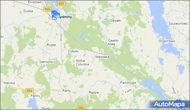 mapa Wężówka gmina Wydminy, Wężówka gmina Wydminy na mapie Targeo