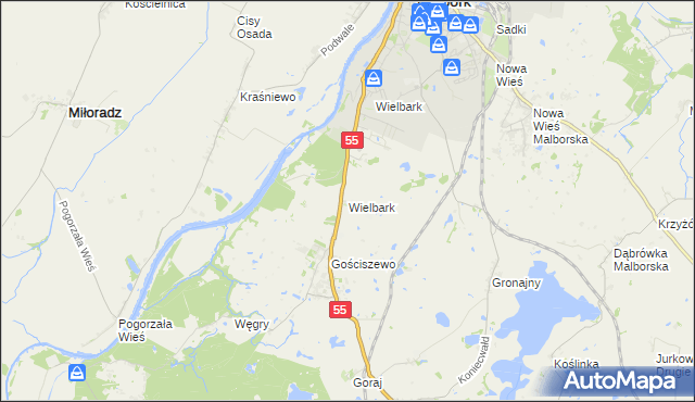 mapa Wielbark gmina Malbork, Wielbark gmina Malbork na mapie Targeo