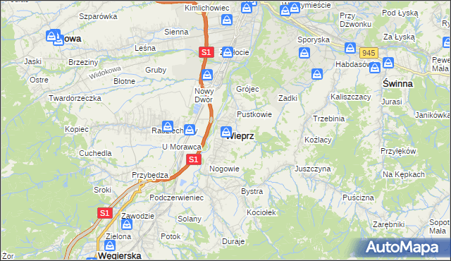 mapa Wieprz gmina Radziechowy-Wieprz, Wieprz gmina Radziechowy-Wieprz na mapie Targeo