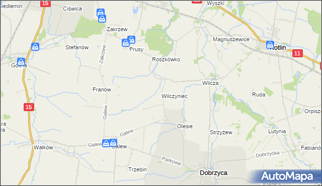 mapa Wilczyniec gmina Jarocin, Wilczyniec gmina Jarocin na mapie Targeo