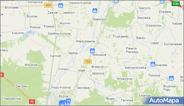 mapa Wilkowice gmina Wartkowice, Wilkowice gmina Wartkowice na mapie Targeo