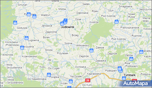 mapa Wilkowisko gmina Jodłownik, Wilkowisko gmina Jodłownik na mapie Targeo