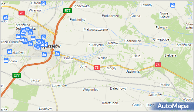 mapa Wolica gmina Jędrzejów, Wolica gmina Jędrzejów na mapie Targeo