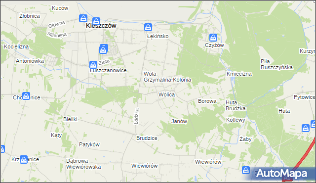 mapa Wolica gmina Kleszczów, Wolica gmina Kleszczów na mapie Targeo