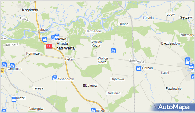 mapa Wolica Nowa gmina Nowe Miasto nad Wartą, Wolica Nowa gmina Nowe Miasto nad Wartą na mapie Targeo