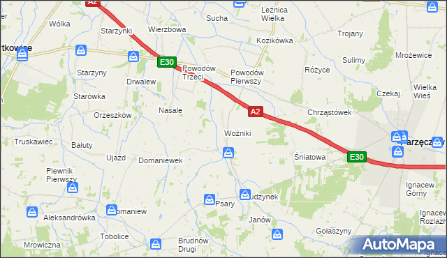 mapa Woźniki gmina Dalików, Woźniki gmina Dalików na mapie Targeo