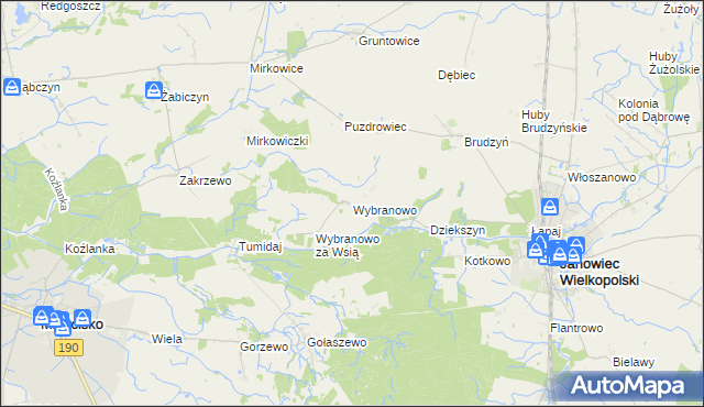 mapa Wybranowo gmina Janowiec Wielkopolski, Wybranowo gmina Janowiec Wielkopolski na mapie Targeo