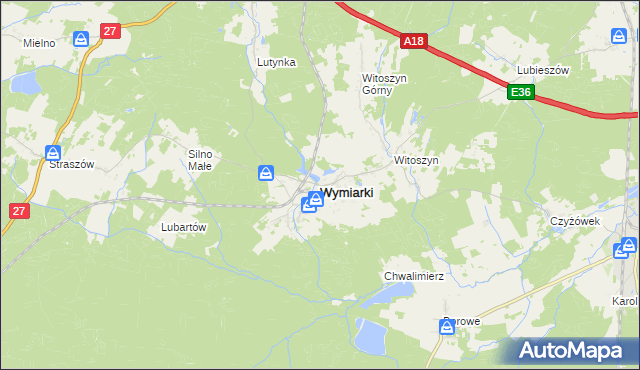mapa Wymiarki powiat żagański, Wymiarki powiat żagański na mapie Targeo