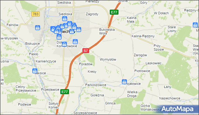 mapa Wymysłów gmina Miechów, Wymysłów gmina Miechów na mapie Targeo