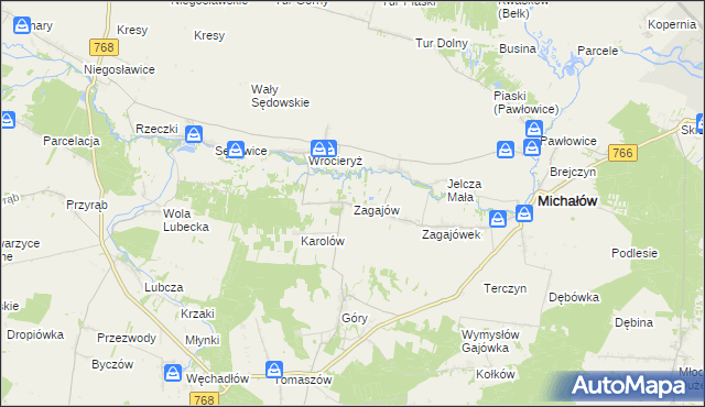 mapa Zagajów gmina Michałów, Zagajów gmina Michałów na mapie Targeo