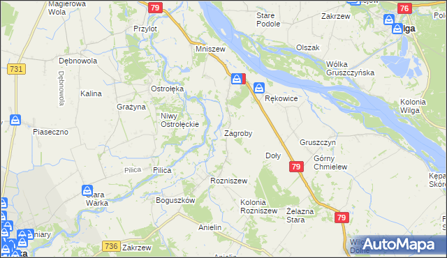 mapa Zagroby gmina Magnuszew, Zagroby gmina Magnuszew na mapie Targeo