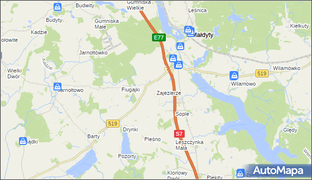 mapa Zajezierze gmina Małdyty, Zajezierze gmina Małdyty na mapie Targeo