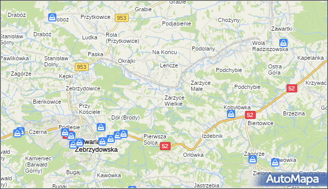 mapa Zarzyce Wielkie, Zarzyce Wielkie na mapie Targeo