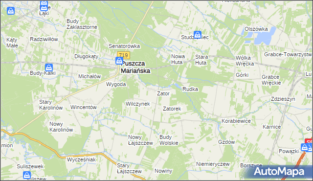 mapa Zator gmina Puszcza Mariańska, Zator gmina Puszcza Mariańska na mapie Targeo