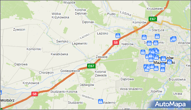 mapa Zawada gmina Tomaszów Mazowiecki, Zawada gmina Tomaszów Mazowiecki na mapie Targeo