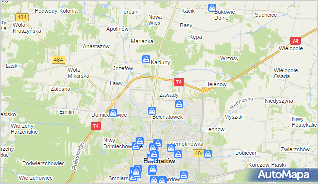 mapa Zawady gmina Bełchatów, Zawady gmina Bełchatów na mapie Targeo