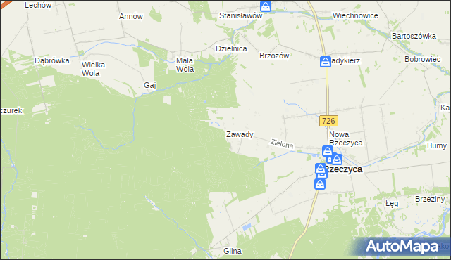 mapa Zawady gmina Rzeczyca, Zawady gmina Rzeczyca na mapie Targeo