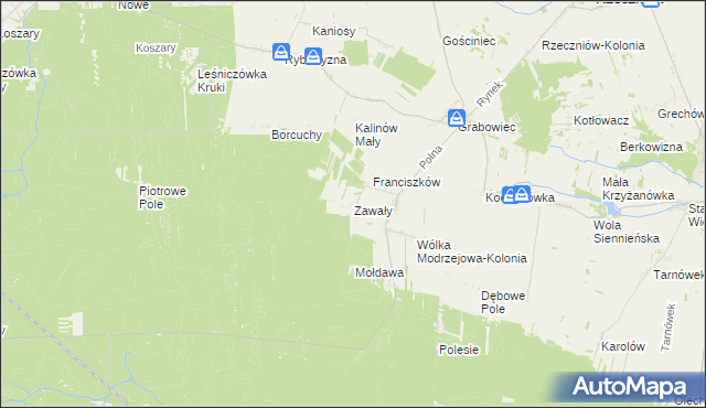mapa Zawały gmina Rzeczniów, Zawały gmina Rzeczniów na mapie Targeo