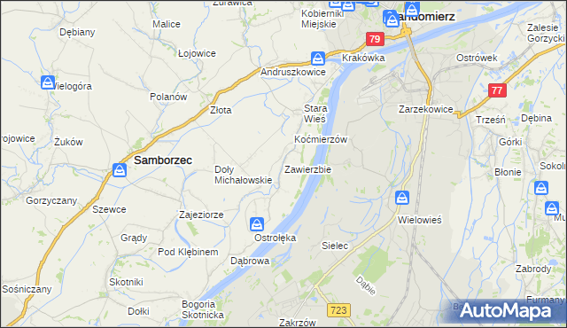 mapa Zawierzbie gmina Samborzec, Zawierzbie gmina Samborzec na mapie Targeo