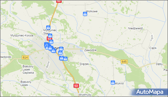 mapa Zawodzie gmina Myszyniec, Zawodzie gmina Myszyniec na mapie Targeo