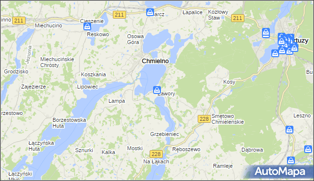 mapa Zawory gmina Chmielno, Zawory gmina Chmielno na mapie Targeo